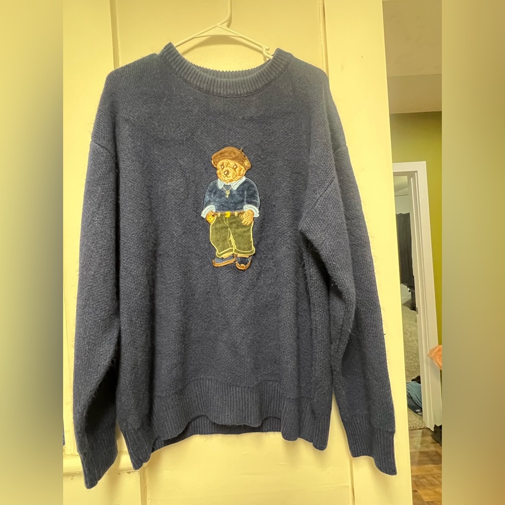 Men's Classic Blue Crewneck Sweater with Bear Motif